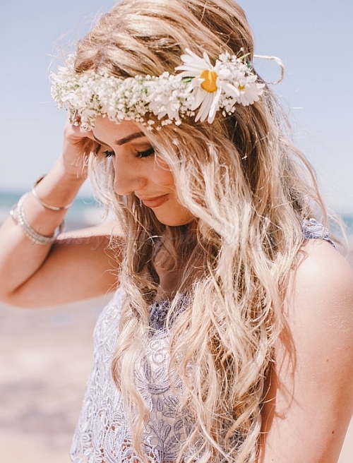 Beach Wedding Hairstyles With Floral Wreath