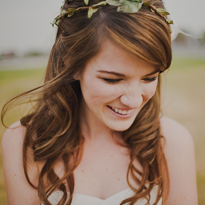 Curly Half Up Wedding Hairstyle With Wreath