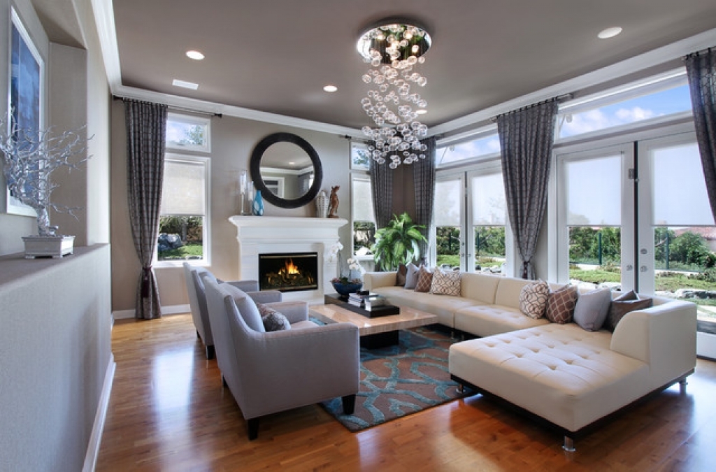 Contemporary Living Room With Chandelier And Cool Interior