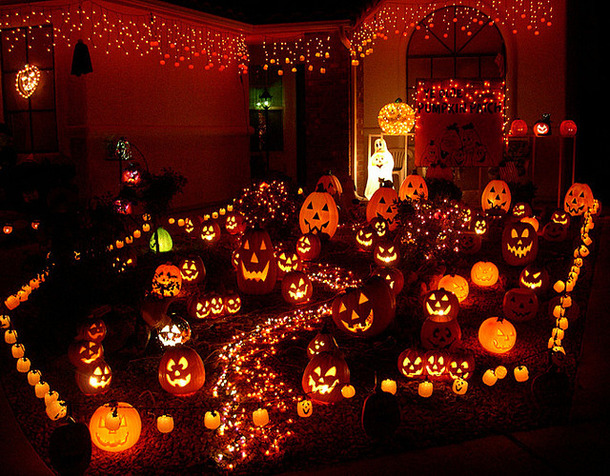 Halloween Themed Decorations With Lights And Pumpkins